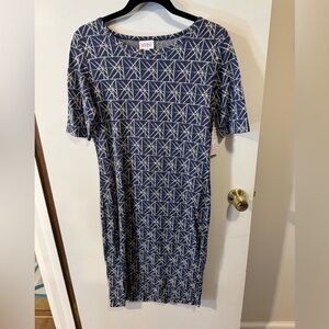 NWT LuLaRoe Julia Dress Geometric Blue and White Pattern Size Medium